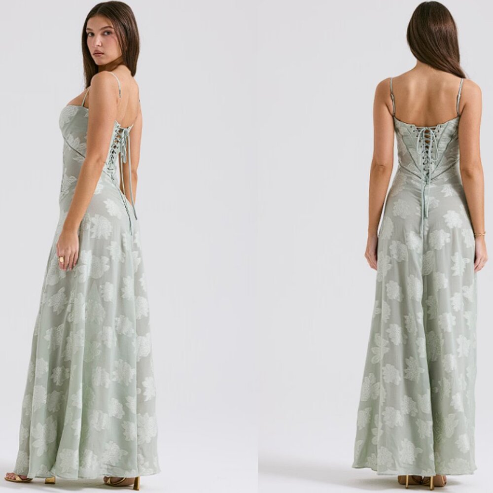 HOUSE OF CB 'Seren' Pistachio Floral Lace Back Maxi Dress NWT - Picture 4 of 10